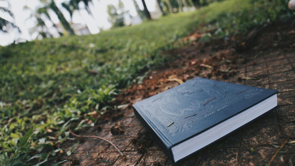 A hardbound book on a grassy outdoor path in a garden.