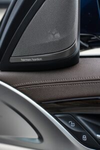 Detailed view of a Harman Kardon speaker and car control buttons inside a luxury vehicle.