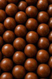 Rows of glossy chocolate-coated candy balls in a close-up view.