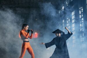 A captivating indoor scene of two cosplayers engaging in a dynamic martial arts duel.