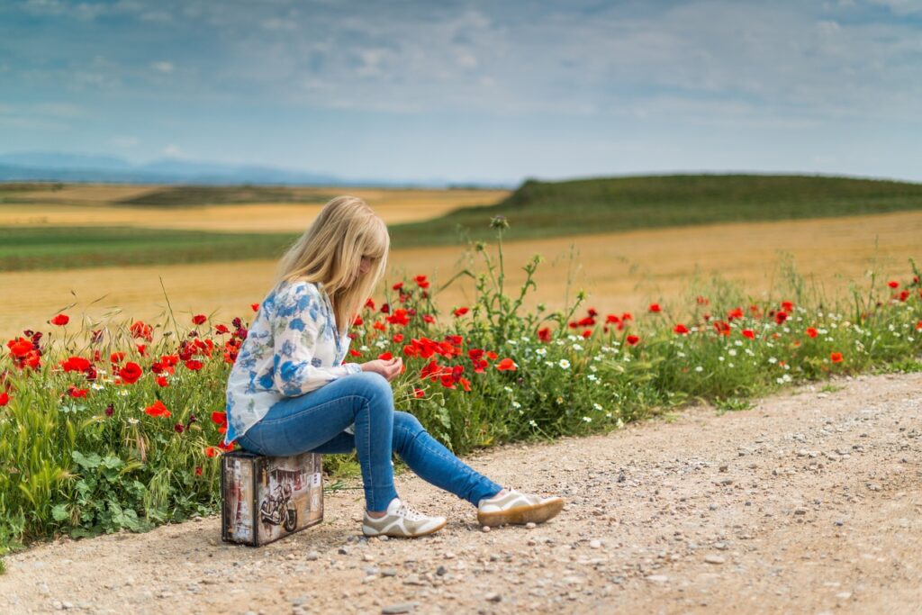 suitcase, woman, girl, waiting, journey, person, sitting, young, landscape, alone, thoughtful, nature, path, side of the road, suitcase, waiting, waiting, waiting, waiting, waiting, journey, journey, journey, journey, alone, alone, alone, alone, path