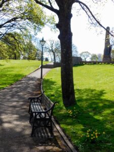 bench, park bench, wooden bench, lamp, park