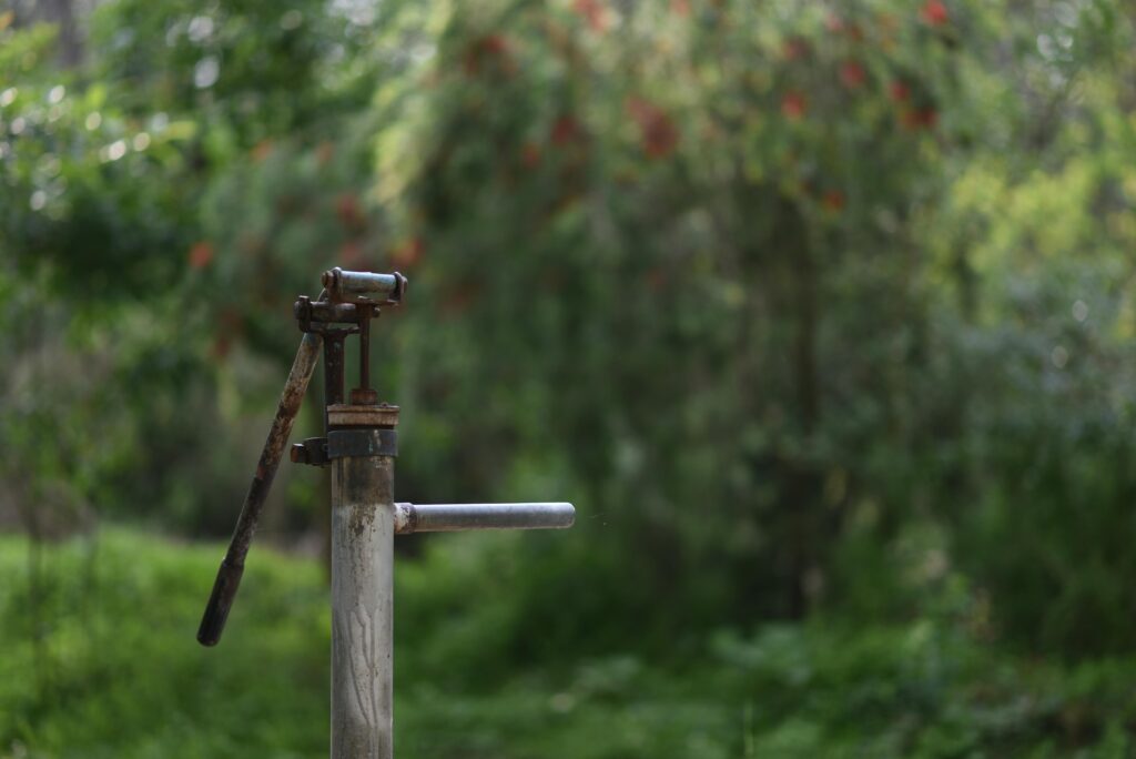A rustic metal water pump stands amid lush green foliage, capturing a serene garden ambiance.